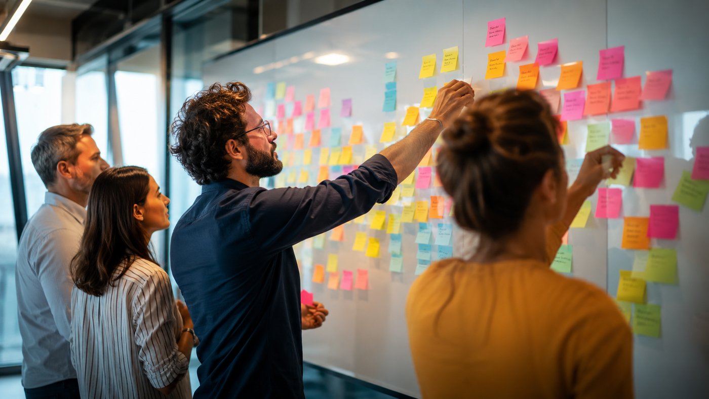Equipe reunida mapeando processos em uma sala com quadro branco e post-its